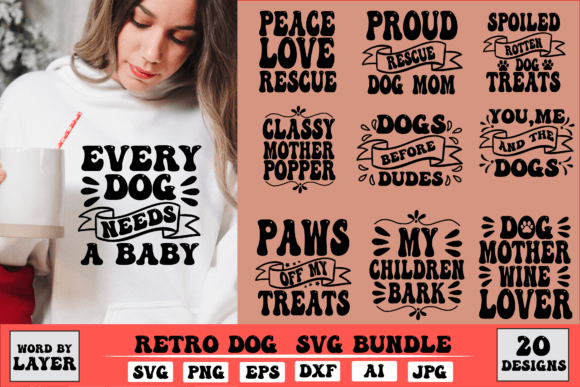 RETRO DOG SVG BUNDLE, 20 DESIGNS FILE